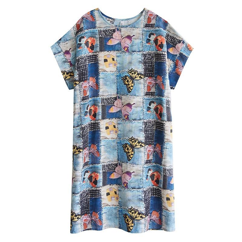 Real Shot Summer New Fat Mm Cotton and Linen Retro Flower Literary Over The Knee Medium and Long Dress Women