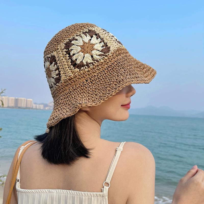 Women Sun Beach Crochet Flowers Hat Fisherman Hat Tourism Female Vacation Paper Straw Bucket Hat