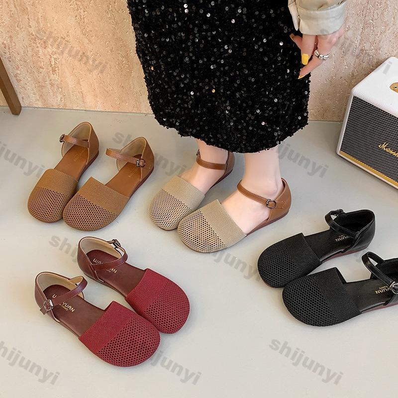 Mode Baotou Fly Weave Damen Schuhe 2025 Neue Mode Schnallenriemen Sandalen Vintage Weiche Sohle Bequem Leicht Lässige Ballerinas