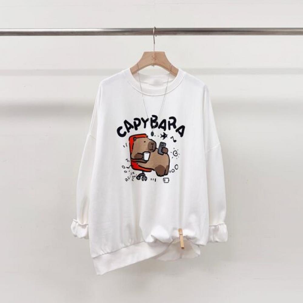 Mizqz Unisex Capybara Printing Oversized Long Sleeve Sweatshirt