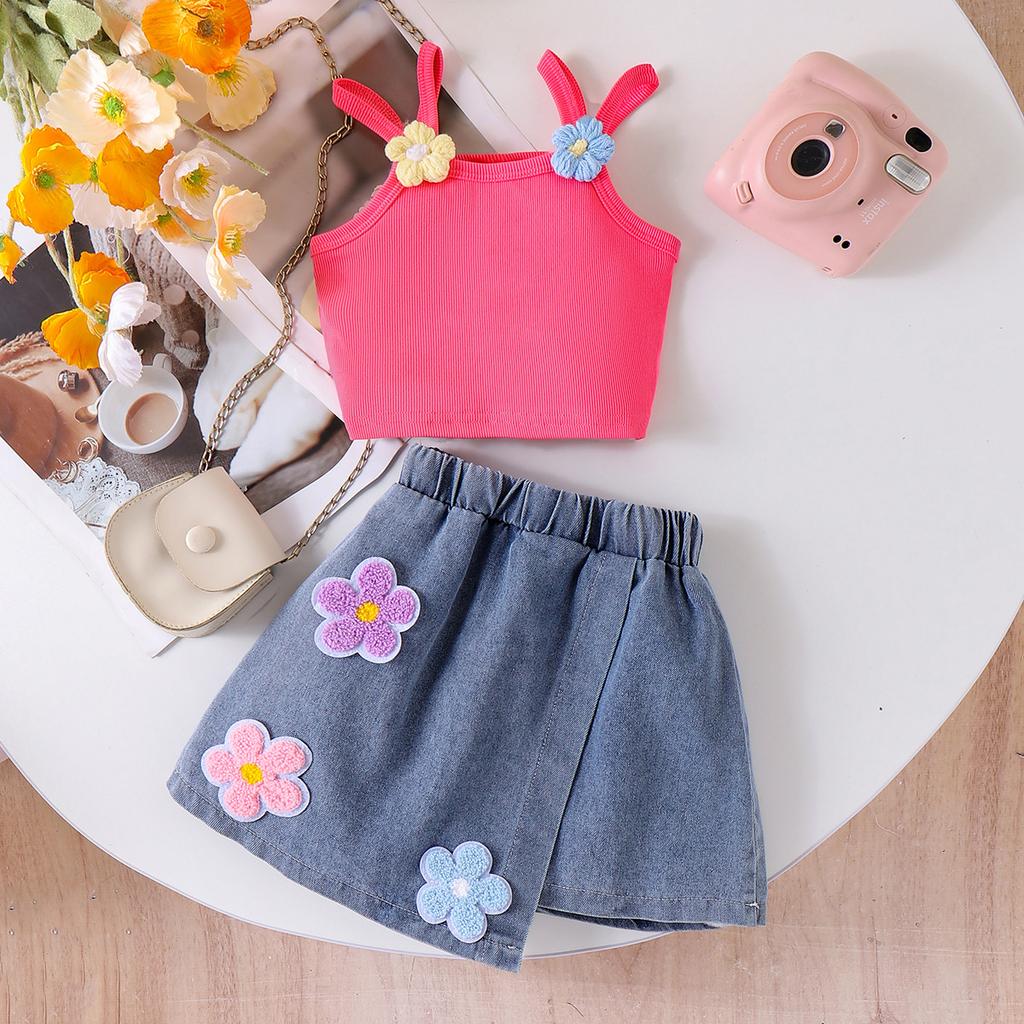 Girls' Fashionable Set Summer Children's Cute Rose Red Halter Top + Denim Short Skirt