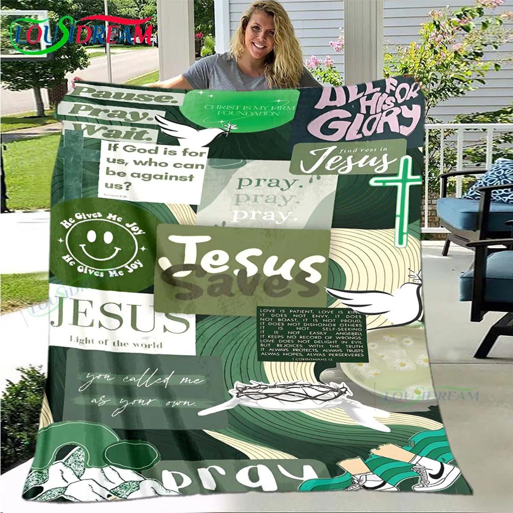 Fashion Bible Verses Jesus Pattern Blanket Flannel Thin Blanket Portable Home Travel Office Lunch Break Blanket Birthday Gift