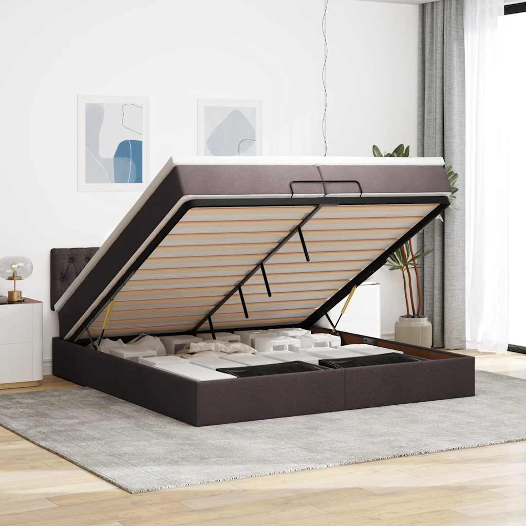 Ottoman Bed with Mattress Dark Brown 200x200 Cm Fabric