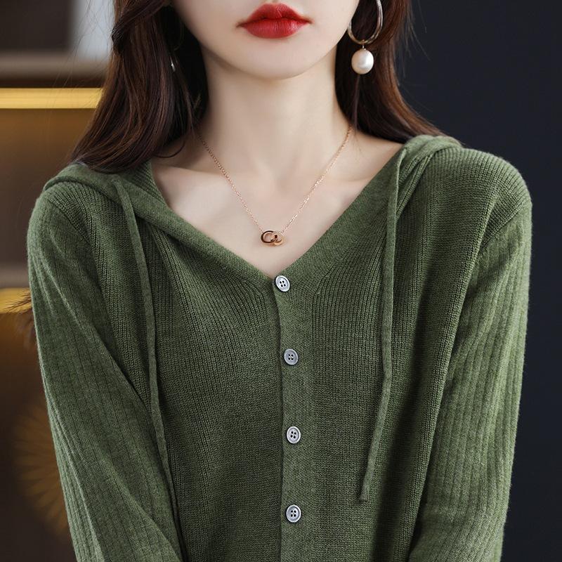 Hooded Cardigan for Women's Spring and Autumn New Loose and Versatile Long-sleeved Wool Hoodie Jacket Top