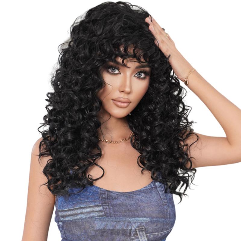 Europäischer und Amerikanischer Stil Damen Schwarz Lockige Perücke Tiefe Welle Lange Federlocken mit Luftigem Pony Vollperücke für Schwarzes Haar