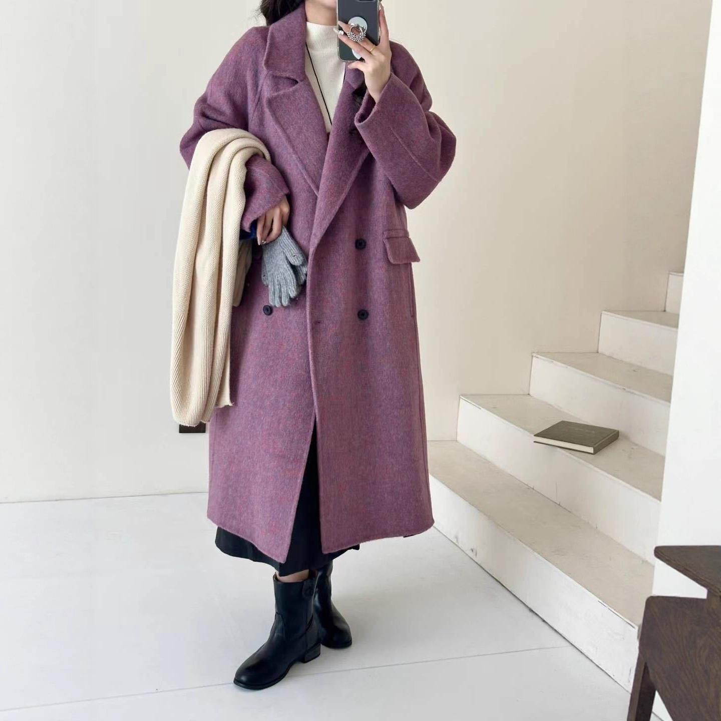 

Женское двустороннее шерстяное пальто выше колена Shadow of Flowers с лацканами пиджачного типа для осени/зимы Small