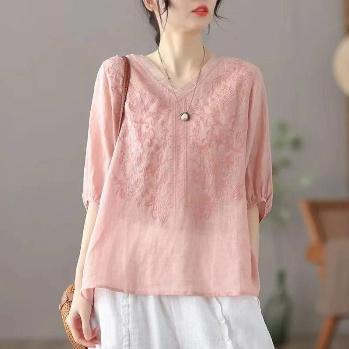 Retro Thin Blouse Women's Short-sleeved Shirt Summer Loose V-neck Temperament Cotton and Linen Shirt Apricot