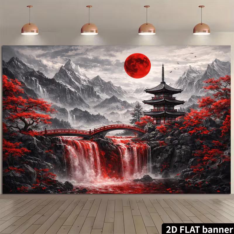 2D Red Maple Blood Moon Japanese Temple Tapestry for Asian Themed Home Decor