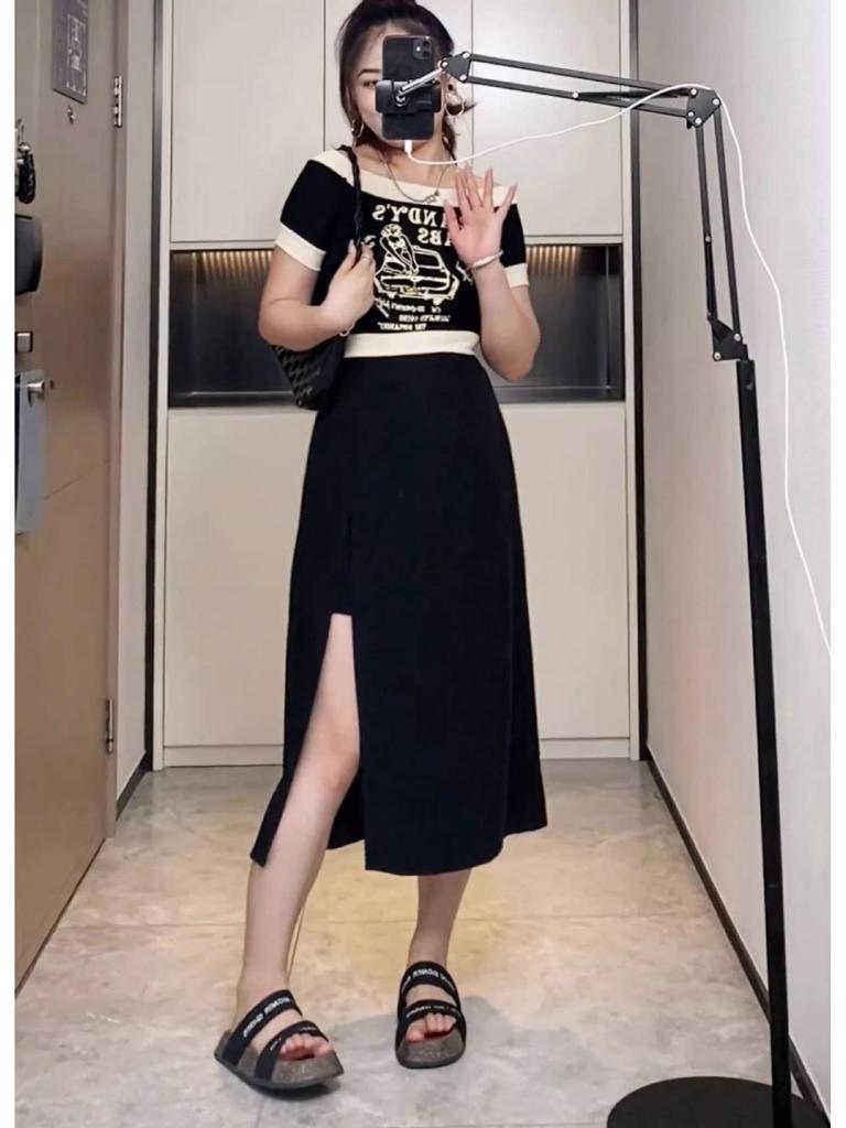 Women's Plus Size Black A-line Midi Skirt - High Waist, Slit, Slimming, Summer Fashion