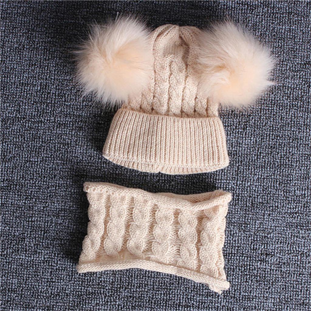 Children Beanie Pompom Neck Knitted Warm Hat Winter Scarf Set