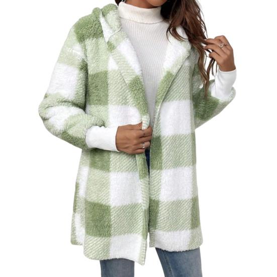 Winter Sweater Coat Plaid Print Hooded Thick Windproof Open Stitch Cardigan Outerwear Mid Length Fuzzy Plush Jacket for School Travel