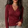 2026 Autumn Women's Cross V-neck Pleated Long Sleeve Casual T-shirt
