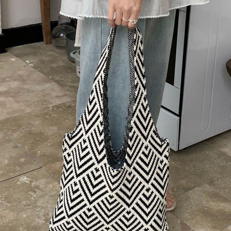 Bolso de punto versátil para mujer con bloques de color - Bolso de hombro individual calado para la playa o el trayecto