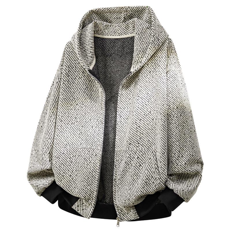 2025 Men's Trendy Striped Grey Cardigan Hoodie Jacket with Hat - American Street Style for Spring/Autumn