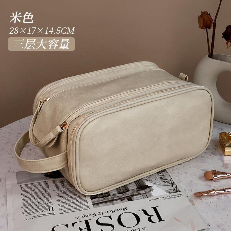 Neue PU dreilagige Kosmetiktasche mit Doppelreißverschluss, tragbare Aufbewahrungstasche, Reisekosmetiktasche, Toilettentasche, Aufbewahrungstasche