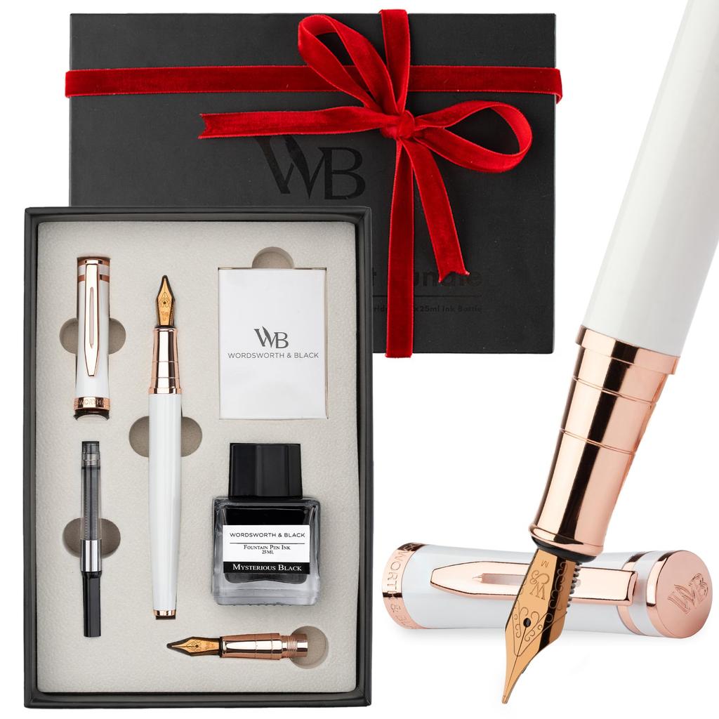 Wordsworth Black Fountain Pen 18K Gold Medium and Extra Fine 25ML Black Ink 6 Ink Ink Refill Gift Smooth Writing Pen Gold Gifts for Men and Women &