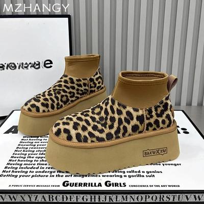 Módne Leopardové Platformové Snehové Členkové Topánky Ploché Semišové Teplé Bavlnené Topánky Dámske 2024 Trend Zimné Krátke Topánky Módne Nové Útulné Mujer Botas