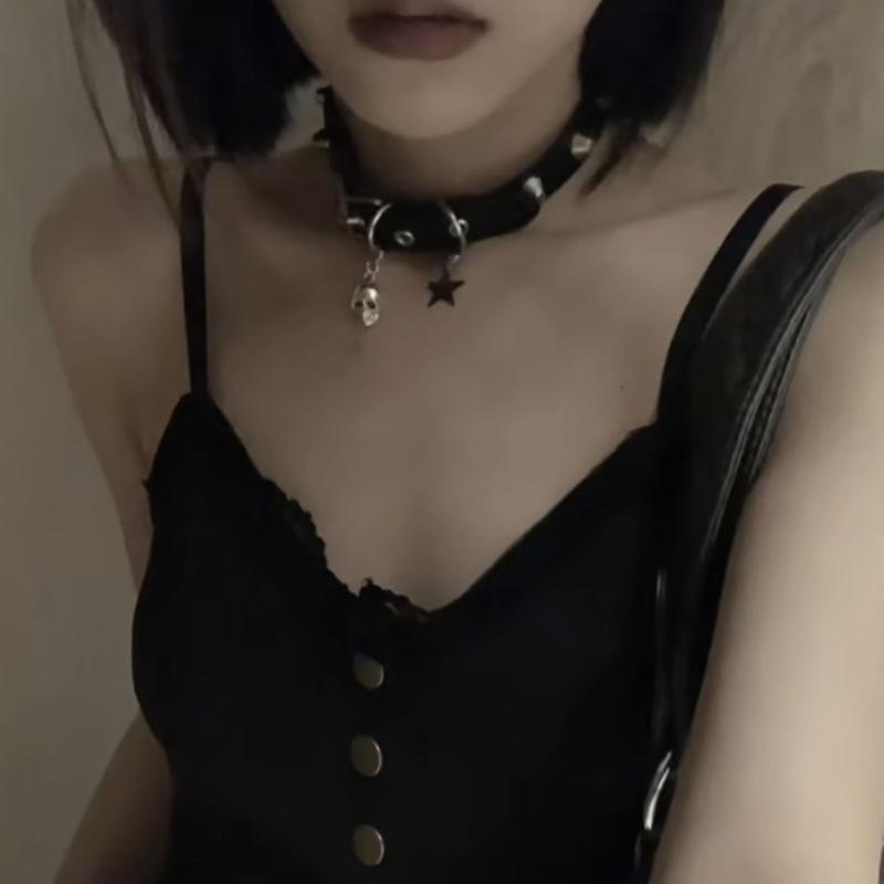 Dark Punk Y2K Subculture Babes Pentagram Skull Necklace Chocker Neck Collar Couple Halloween