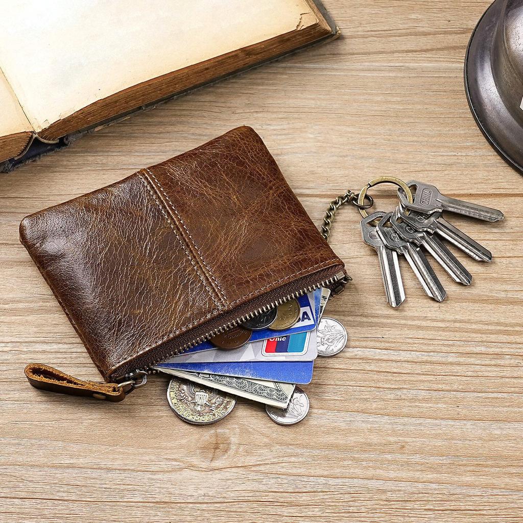 Mens and Women Retro Real Leather Zipper Wallet Card Holder Small Coins Keys Pocket Money Storage Pouch with Chain Key-ring