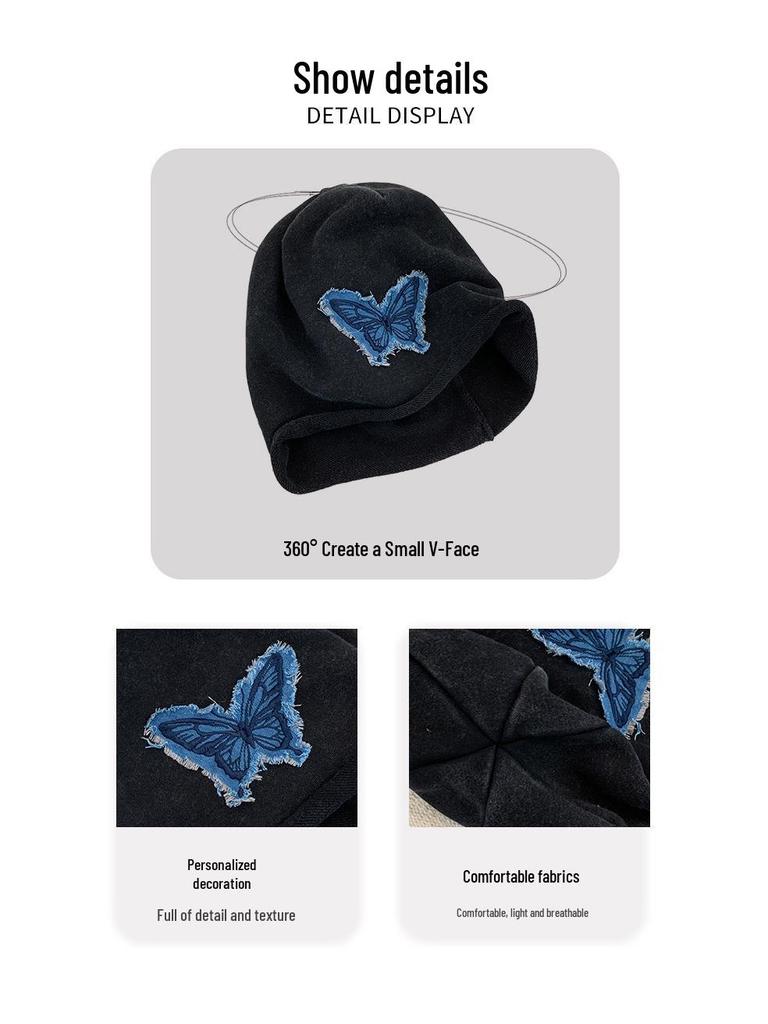 Women's Butterfly Retro Knitted Hat - Autumn/Winter Warm, Solid Color, Rolled Edge Pullover, Small Face Enhancing Design
