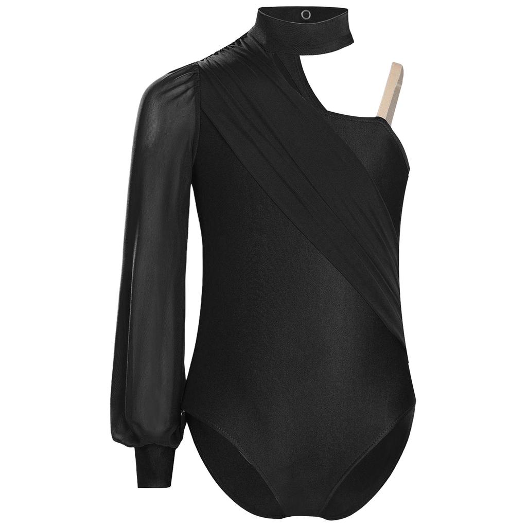 Jenter Ene Skulder Danse Drakotard Sceneopptredelseskostyme Mock Neck Langermet Rynket Nettoverlegg Bodysuit for Barn Gymnastikk
