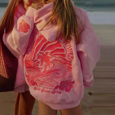 Fall Winter Women Hoodie Long Sleeves Thick Solid Color Elastic Cuff Chasing Sunset Pattern Sloping Shoulder Loose Hooded Patch Pocket Top
