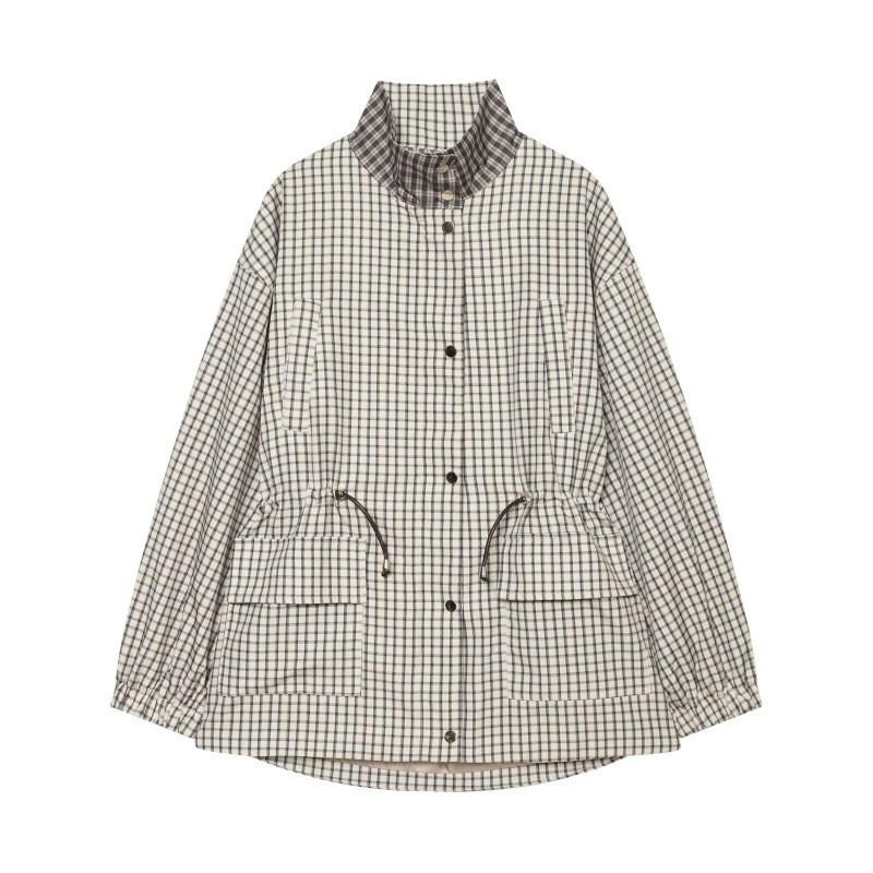Womens Plaid Tailored Stand Collar Jacket