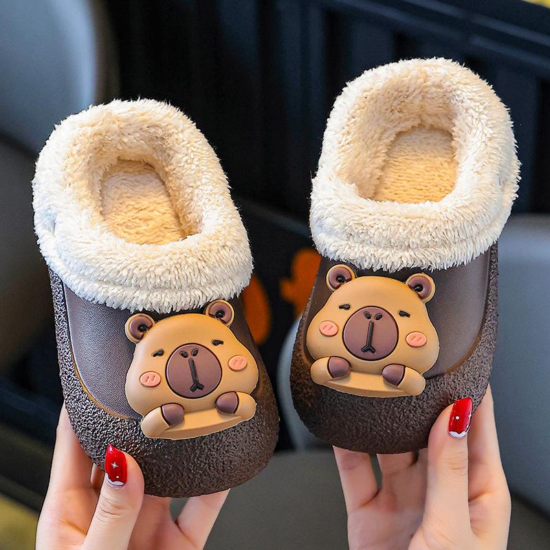 Winter Cotton Slippers with Heel for Babies, Boys' Cotton Slippers, Thickened and Fleece-lined, Detachable, Waterproof, Children's Furry Slippers