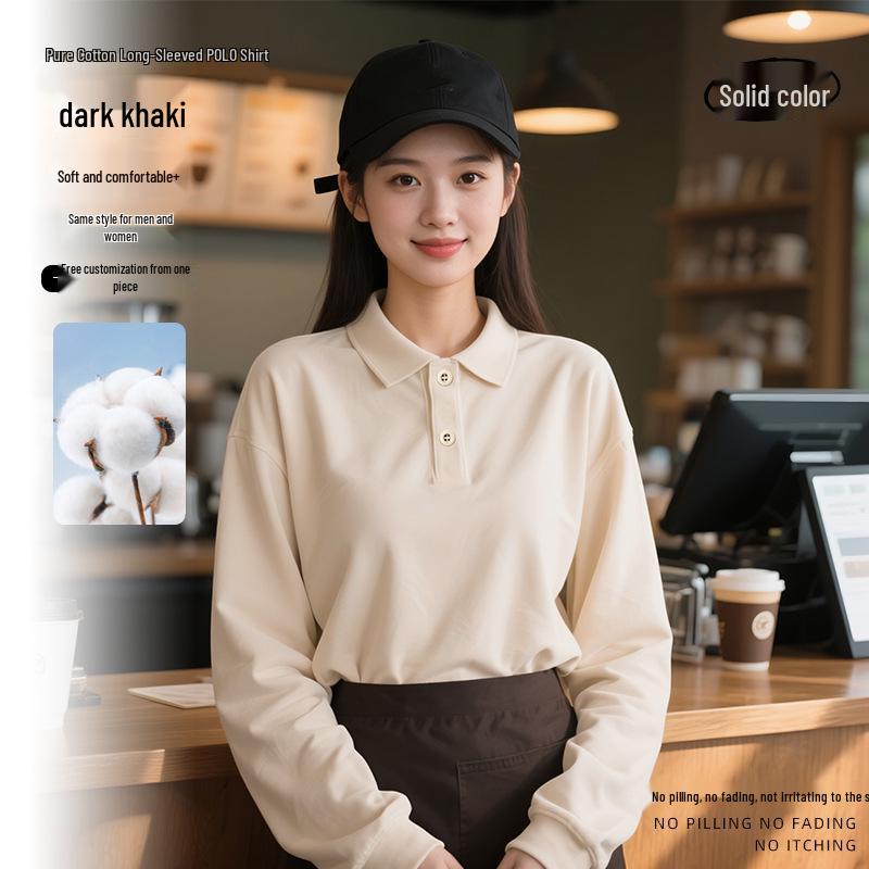 Customizable Pure Cotton Long-Sleeved Autumn/Winter Barista Uniforms for Milk Tea Shops, Dessert Shops, Fast Food Restaurants, and Catering.