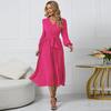 2022 European & American Slim Fit V-Neck A-Line Dress with Belt & Pleated Long Sleeves for Women