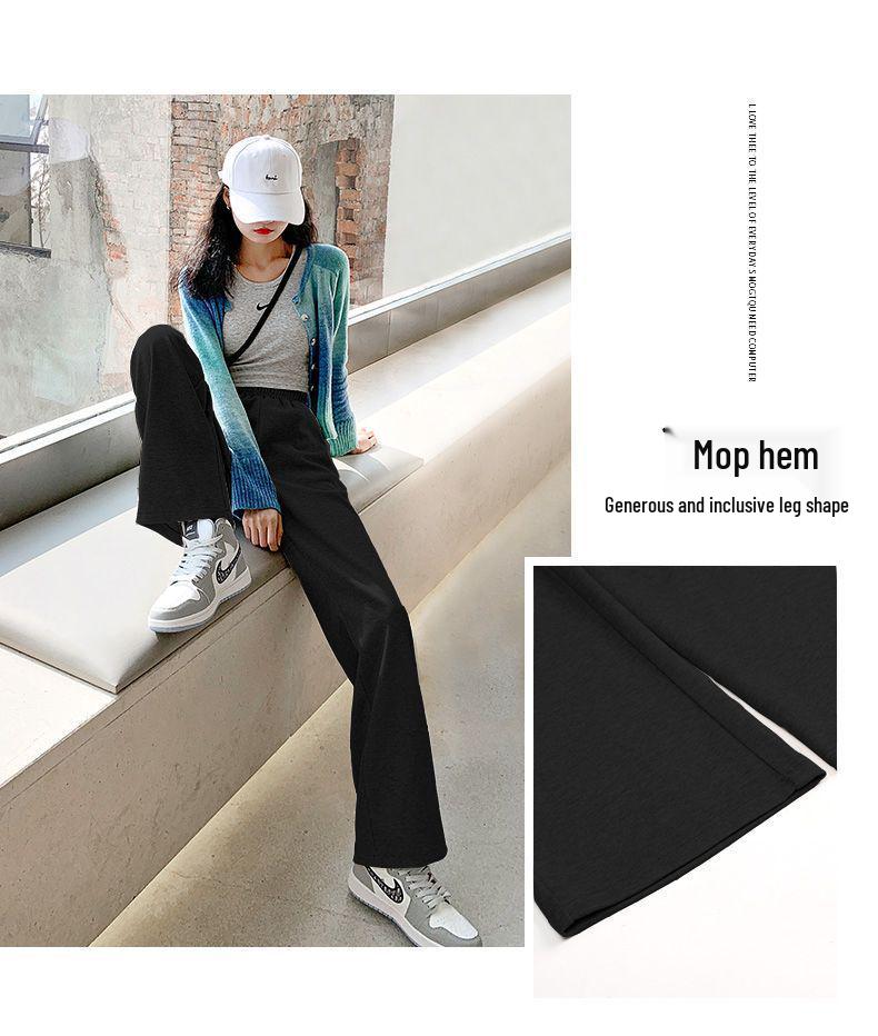 Women's Black High-Waisted Wide-Leg Pants - Spring Casual, Loose-Slimming, Floor-Length, Versatile, Drapey Straight Suit Pants