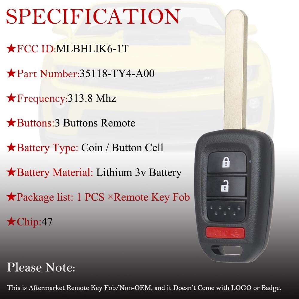 MechanMagic Key Fob Remote Replacement Fits for Honda Fit 2015 2016 2017 2018  /Crosstour 2013-2015/CR-V 2014-2016 MLBHLIK6-1T Keyless Entry Remote