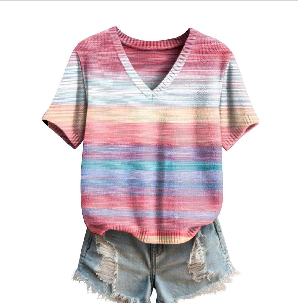 Phoenix Velvet Women's Plus Size V-Neck Knitwear - Cartoon Print Short Sleeve for Spring/Autumn.
