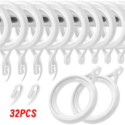 32Pcs Plastic Curtain Rings with Hooks Set for Bathroom Shower Bedroom Window Curtains Rod Voile Drapes Hanging Eyelet Ring Loops White