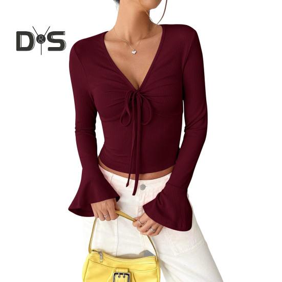 Women Tops V-neck Flared Long Sleeve Lace-up Pullover Tops Slim Fit Solid Color Casual Tops Versatile Daily Wear