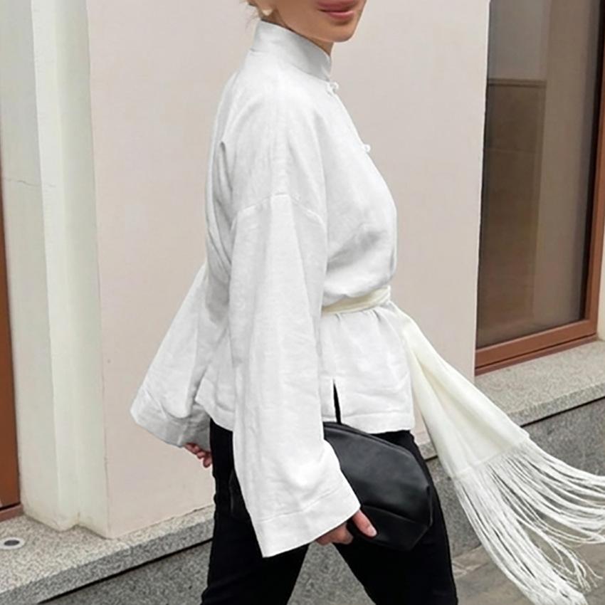 New Chinese style stand-up collar button-down shirt casual loose shirt fashion commuter versatile horn long-sleeved top