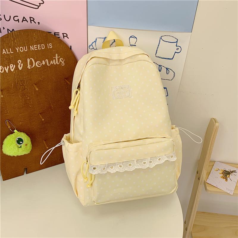 Zaino Grigio Nebbia con Ciondolo a Forma di Stella in Pizzo Borsa da Scuola Femminile Semplice a Pois Vento Gentile Zaino Grande Capacità per Studenti delle Scuole Medie