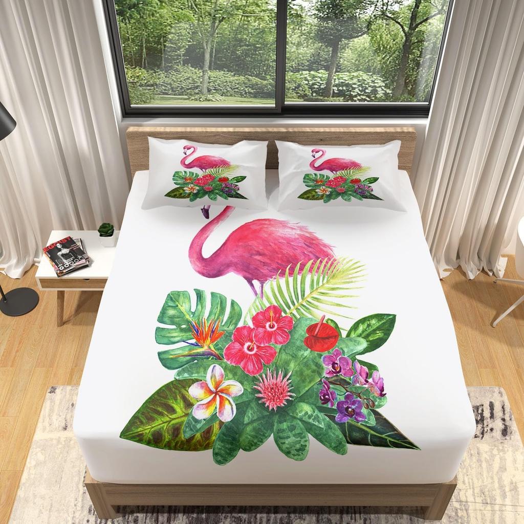 Blomster Flamingo Formsydde Laken, Mikrofiber med Dyp Lomme 30 cm Sengetøy Mykt Pustende Fargebestandig for Barn Tenåringer