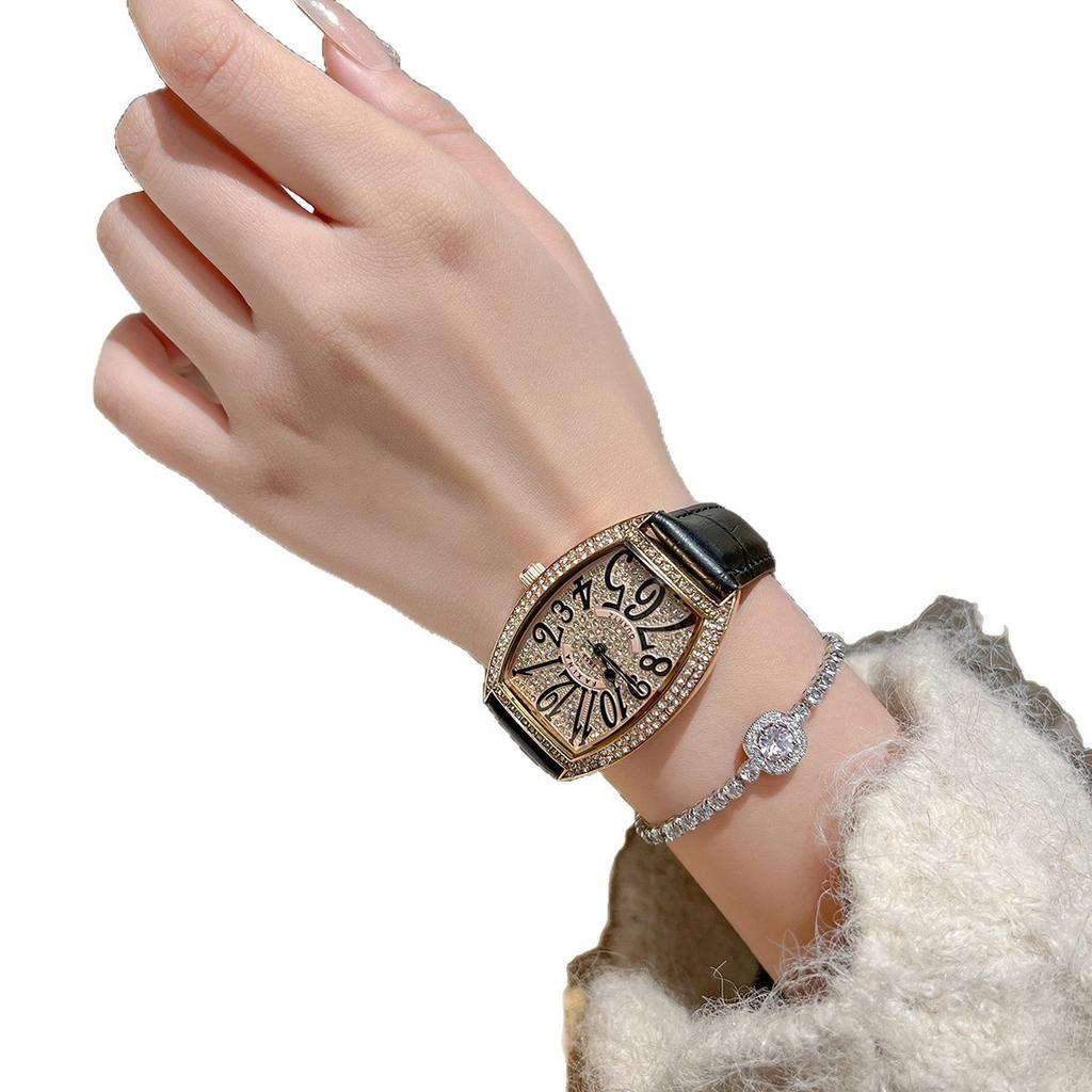 Cross-border Wine Barrel-shaped Diamond-encrusted Women's Watch Large Dial Internet Celebratory Same Digital Silver Case Quartz