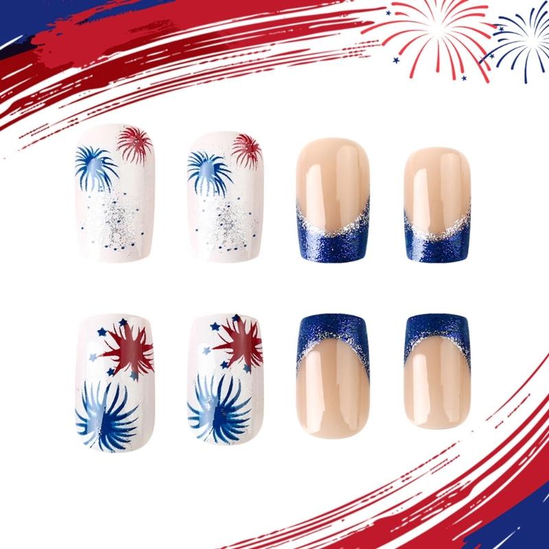 4th of July Press on Nail Square French Tip Fake Nail Independence False Nail with American Flag Star Stick on Nail