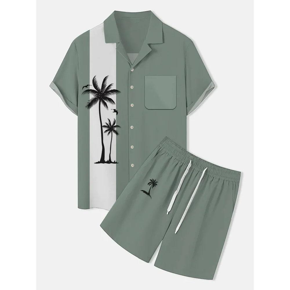 Herren Freizeitshirt mit Palmenblattdruck Hawaiianische Herren Outdoor-Badeshorts Sommer Alltags-Herren Kurzarmhemd und Shorts Set