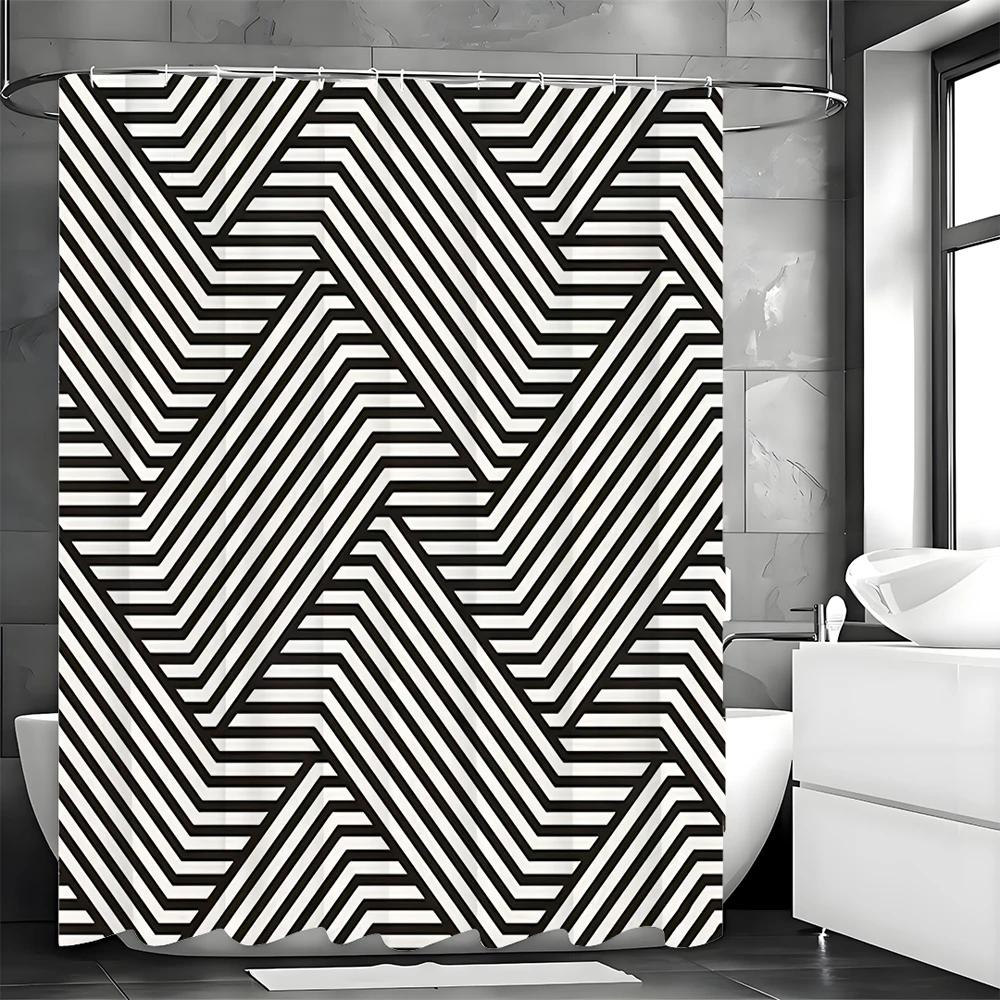 Black and White Stripe Interspersed Modern Shower Curtain, Bathroom Decorative Shower Curtain, Waterproof Shower Curtain with Ho