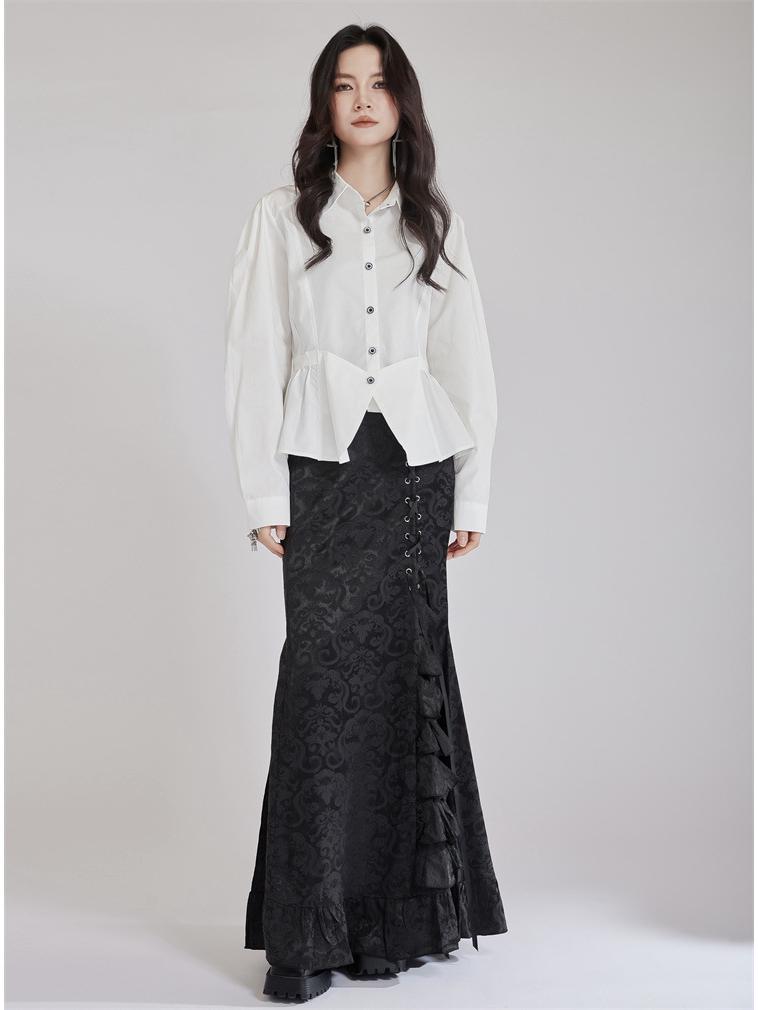 2025 Gothic Victorian Jacquard Fishtail Skirt with Lace-Up Detail