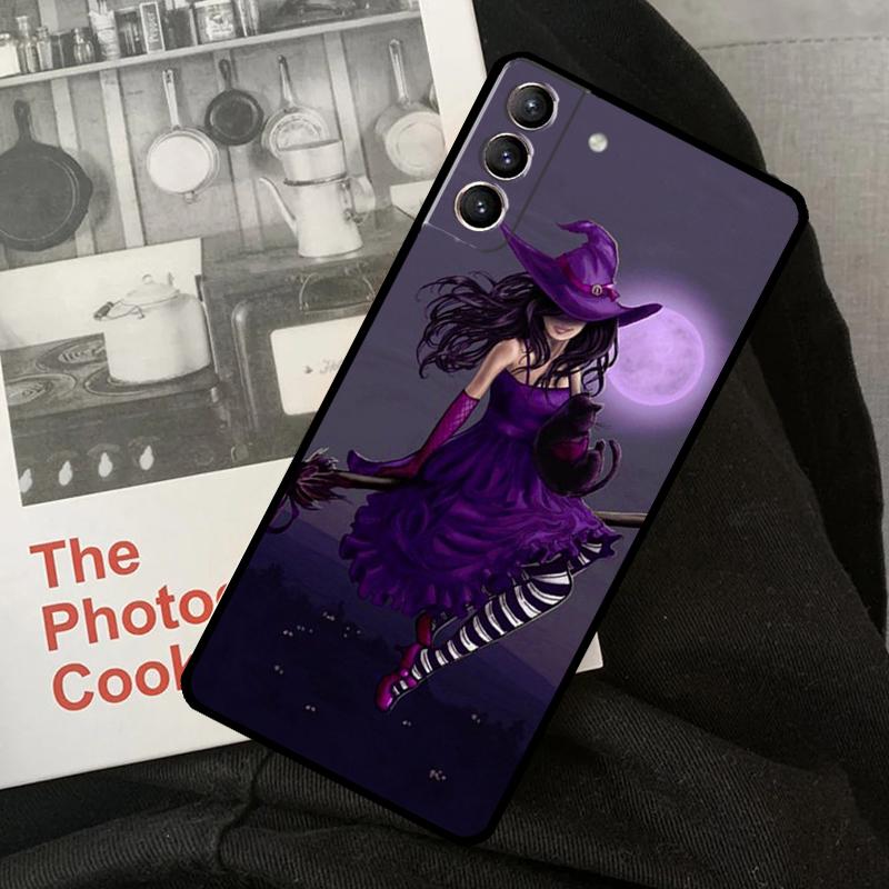 Halloween Witch Cat Phone Case For Samsung Galaxy S22 S23 S24 Ultra S20 S21 S24 FE S9 S10 Plus Note 10 20 Ultra