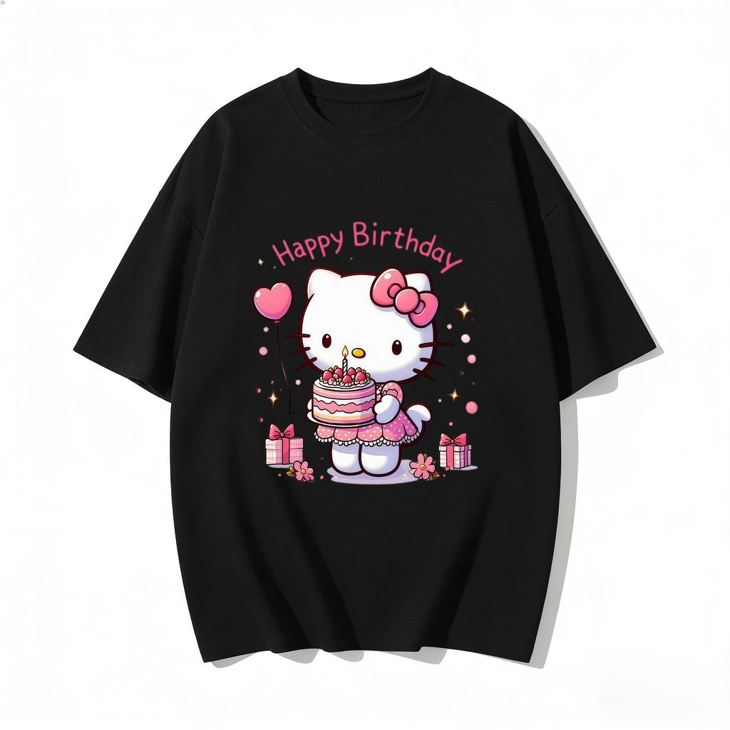 2026 New Hello Kitty Happy Birthday Cake Cartoon Print Tshirt Family Matching Outfits Casual Short Sleeve Tee for Women Unisex Kid