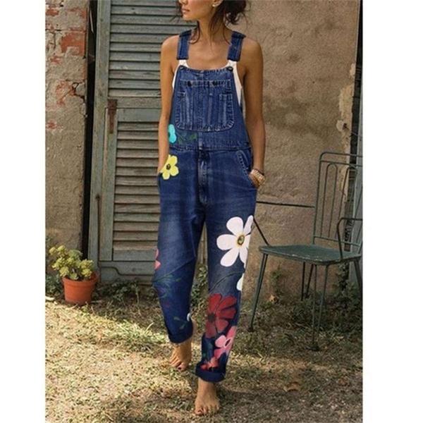 Pantalones con pechera, monos con estampado de flores, pantalones vaqueros azules, mameluco para mujer, pantalones con pechera de mezclilla, monos largos sexis