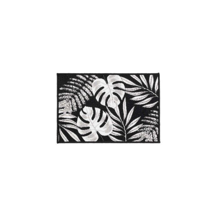 Tapis décoratif - EDEN - 40 x 60 cm - Feuillage tropical - Noir et blanc - Antidérapant