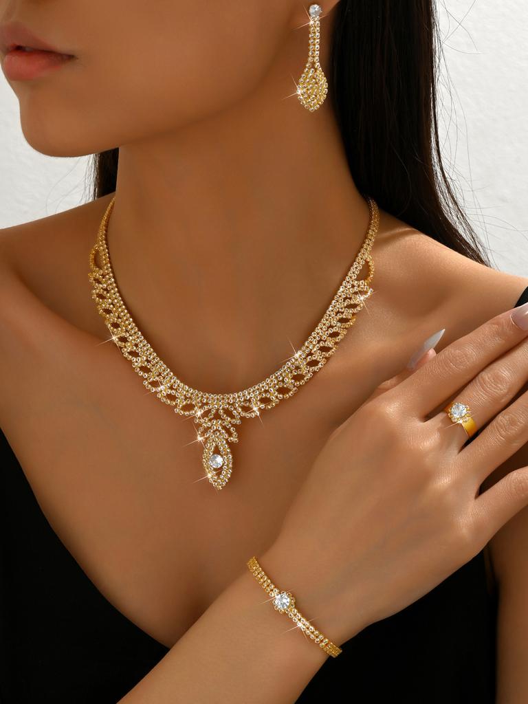 Hollow Leaf Necklace Earrings Bracelet Ring Four-Piece Set Bridal Wedding Rhinestone Accessories