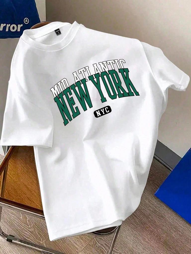 Mens White Knitted Fabric TShirt with Los Angeles Graphic Print Short Sleeves and Round Neckline Regular Fit Harajuku