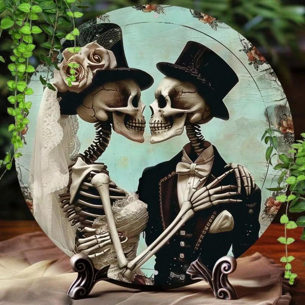 Vintage Skeleton Love Round Metal Sign 8x8 Inch Aluminum Wall Art Home Bar Decor Gift
